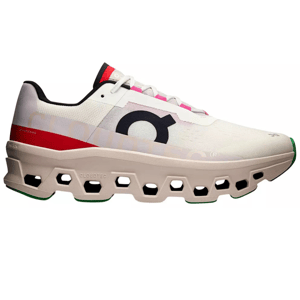 White and red athletic shoe featuring a distinctive honeycomb-patterned sole with \“CloudTec\“ technology, branding on the side, and black and green accents.
