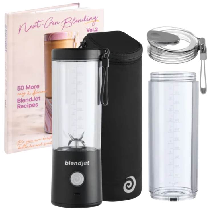 Portable blender kit featuring a BlendJet blender, extra jar with lid, protective sleeve, and a recipe book titled \“Next-Gen Blending Vol.2\“ with 50 recipes.