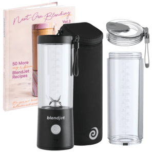 Portable blender kit featuring a BlendJet blender, extra jar with lid, protective sleeve, and a recipe book titled \“Next-Gen Blending Vol.2\“ with 50 recipes.