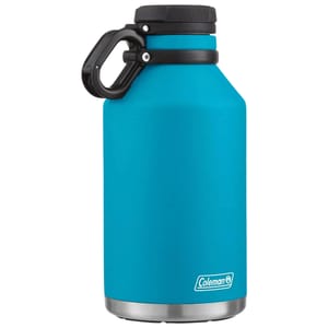 A turquoise 64oz Coleman Insulated Growler with a wide mouth, screw-on lid, and built-in handle for easy carrying. Designed to keep beverages cold with double-walled stainless steel construction.