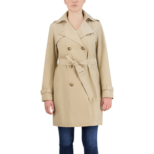 A beige trench coat with a double-breasted design, featuring a belted waist, wide lapels, and buttoned cuffs. The coat is knee-length, complemented by a classic, tailored fit, ideal for a stylish and polished look.