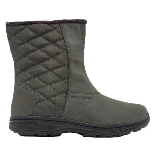 Gray Columbia ankle boot with a quilted design on the upper part and a durable rubber sole, featuring a warm lining for winter conditions.