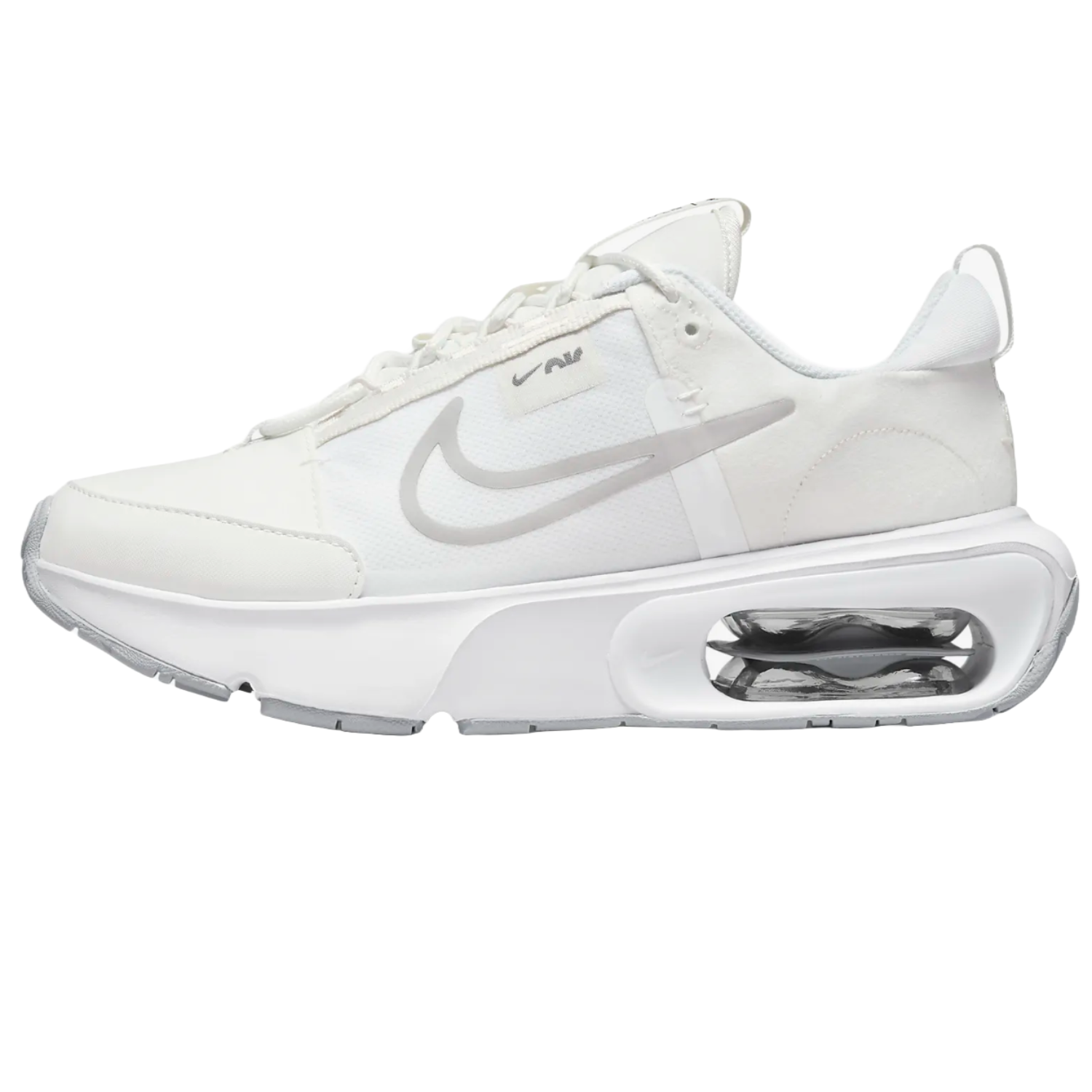 Nike Air Max sneakers in white with a visible air unit in the sole and a grey swoosh logo.