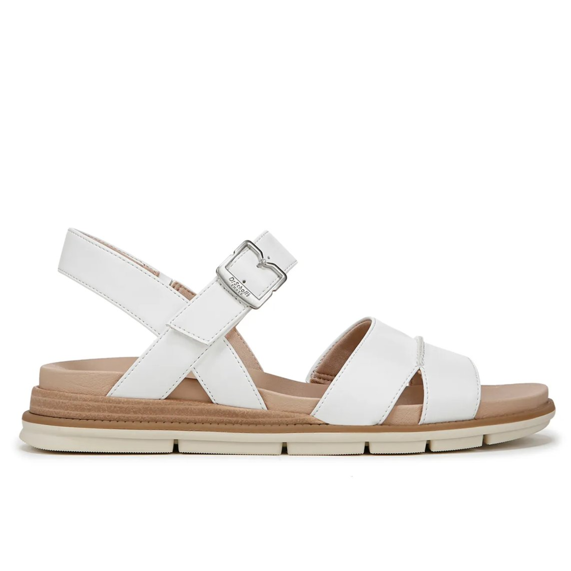 White sandal featuring crisscross straps, a buckle closure, and a cushioned sole, designed for casual wear.