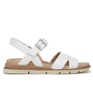 White sandal featuring crisscross straps, a buckle closure, and a cushioned sole, designed for casual wear.