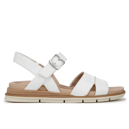 White sandal featuring crisscross straps, a buckle closure, and a cushioned sole, designed for casual wear.