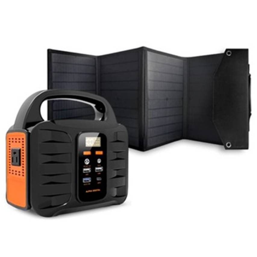 Portable power station with USB ports, an AC outlet, and an LCD display, paired with a foldable solar panel for charging.