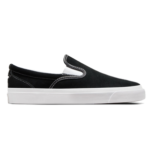 Converse Unisex Suede Slip-Ons are black suede shoes with a sleek design featuring white contrast stitching and a solid white rubber sole for comfort and style.
