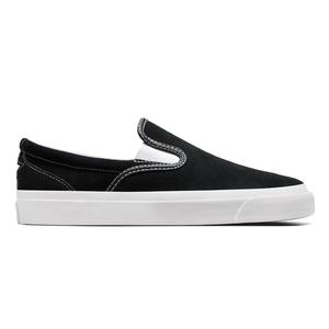 Converse Unisex Suede Slip-Ons are black suede shoes with a sleek design featuring white contrast stitching and a solid white rubber sole for comfort and style.