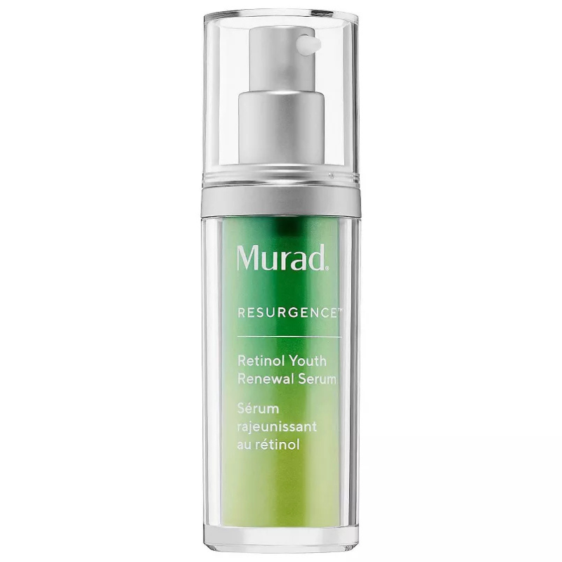 Murad Retinol Youth Renewal Serum is designed to rejuvenate the skin with retinol. It comes in a green and silver pump bottle and is part of the Resurgence product line.