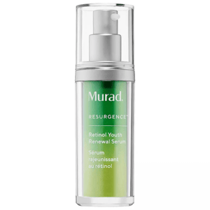 Murad Retinol Youth Renewal Serum is designed to rejuvenate the skin with retinol. It comes in a green and silver pump bottle and is part of the Resurgence product line.