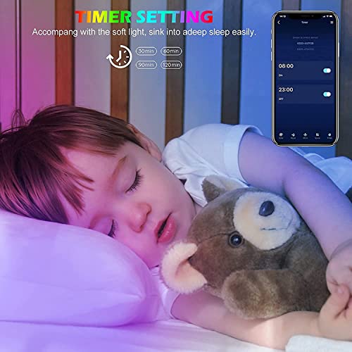A child sleeps peacefully illuminated by soft purple LED strip lights, which can be adjusted and timed with a smartphone app.