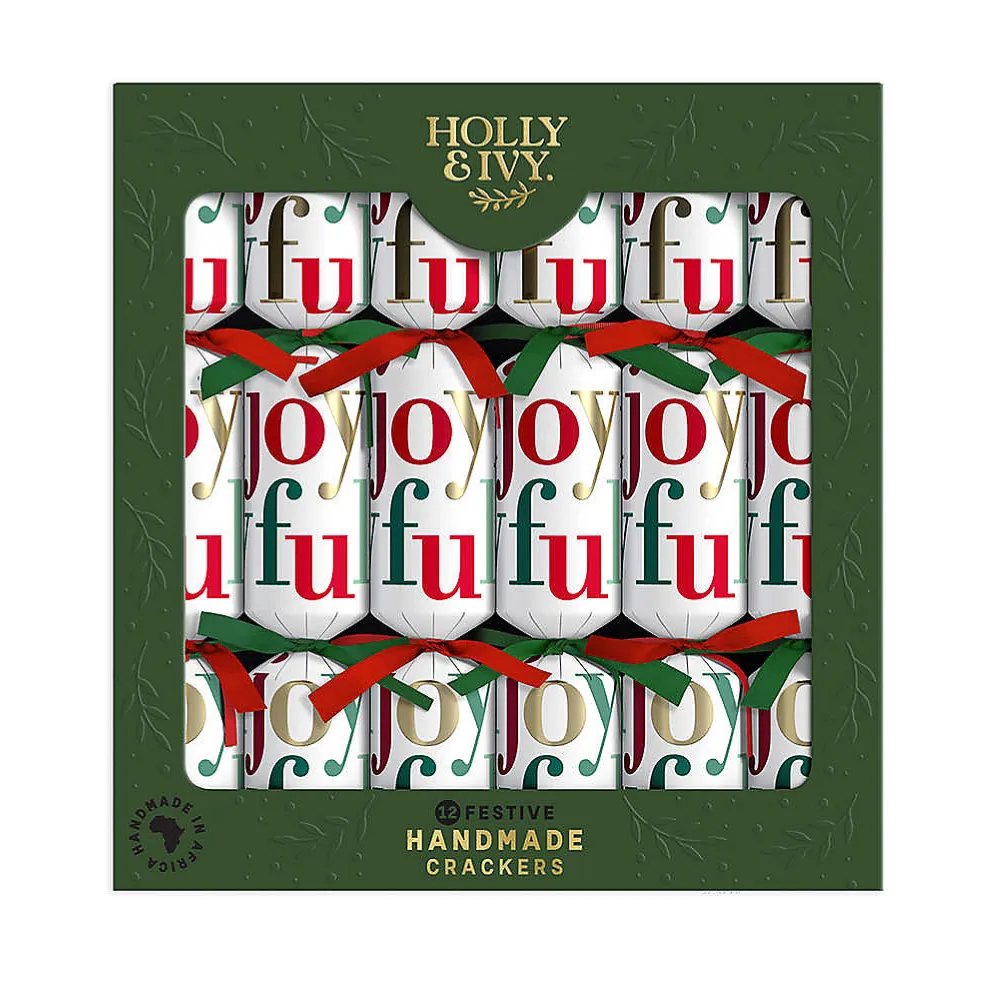 Box of 12 festive handmade crackers from Holly & Ivy with a red, green, and white design featuring the words \“yo\“ and \“fu.\“