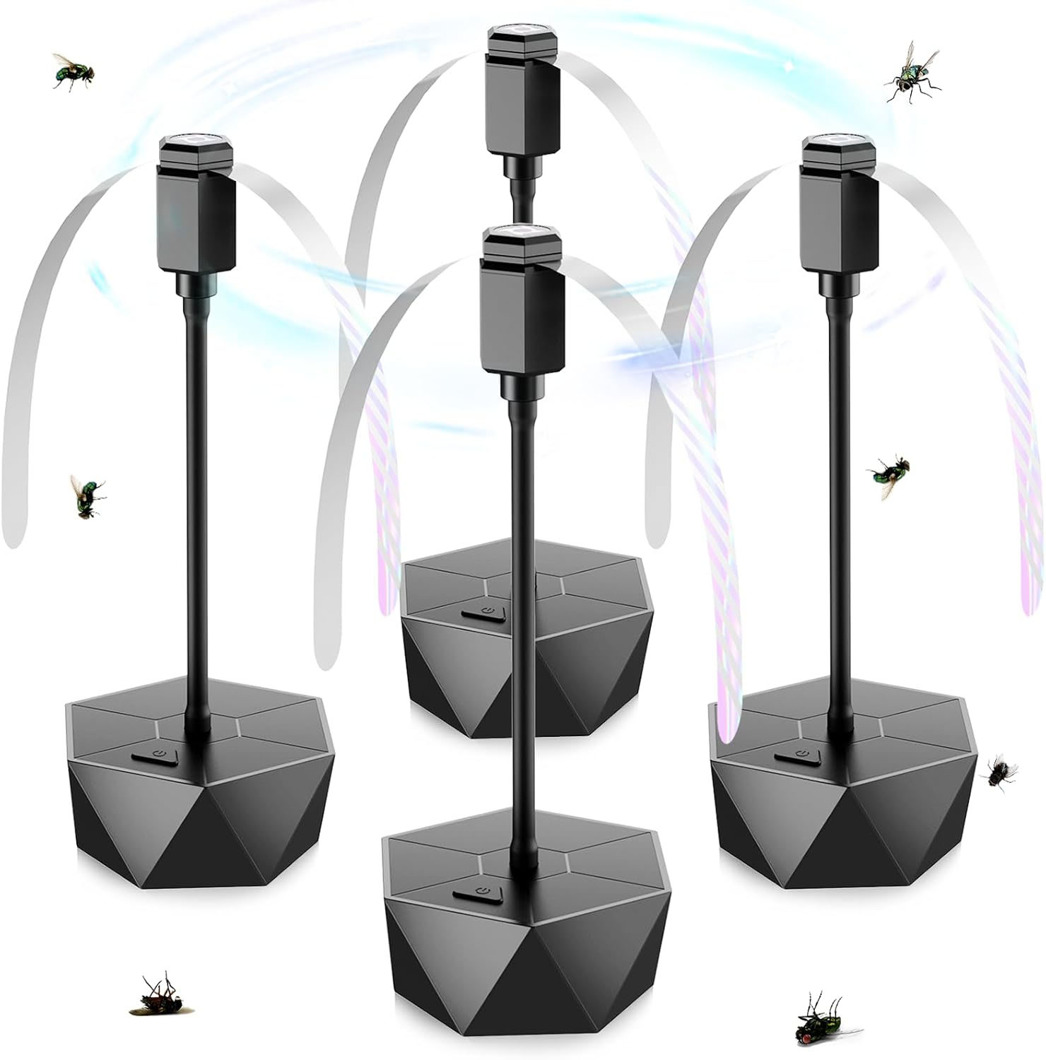 Four black fly repellent fans with geometric bases and swirling blades deterring flies.