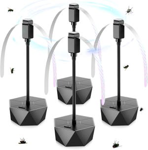 Four black fly repellent fans with geometric bases and swirling blades deterring flies.