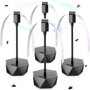 Four black fly repellent fans with geometric bases and swirling blades deterring flies.