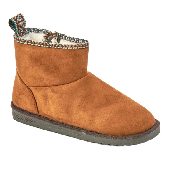 Muk Luks Ankle Boots are brown with a soft suede-like exterior, featuring a cozy, fluffy inner lining. They have a patterned trim around the opening, a loop at the back, and a durable grey sole.