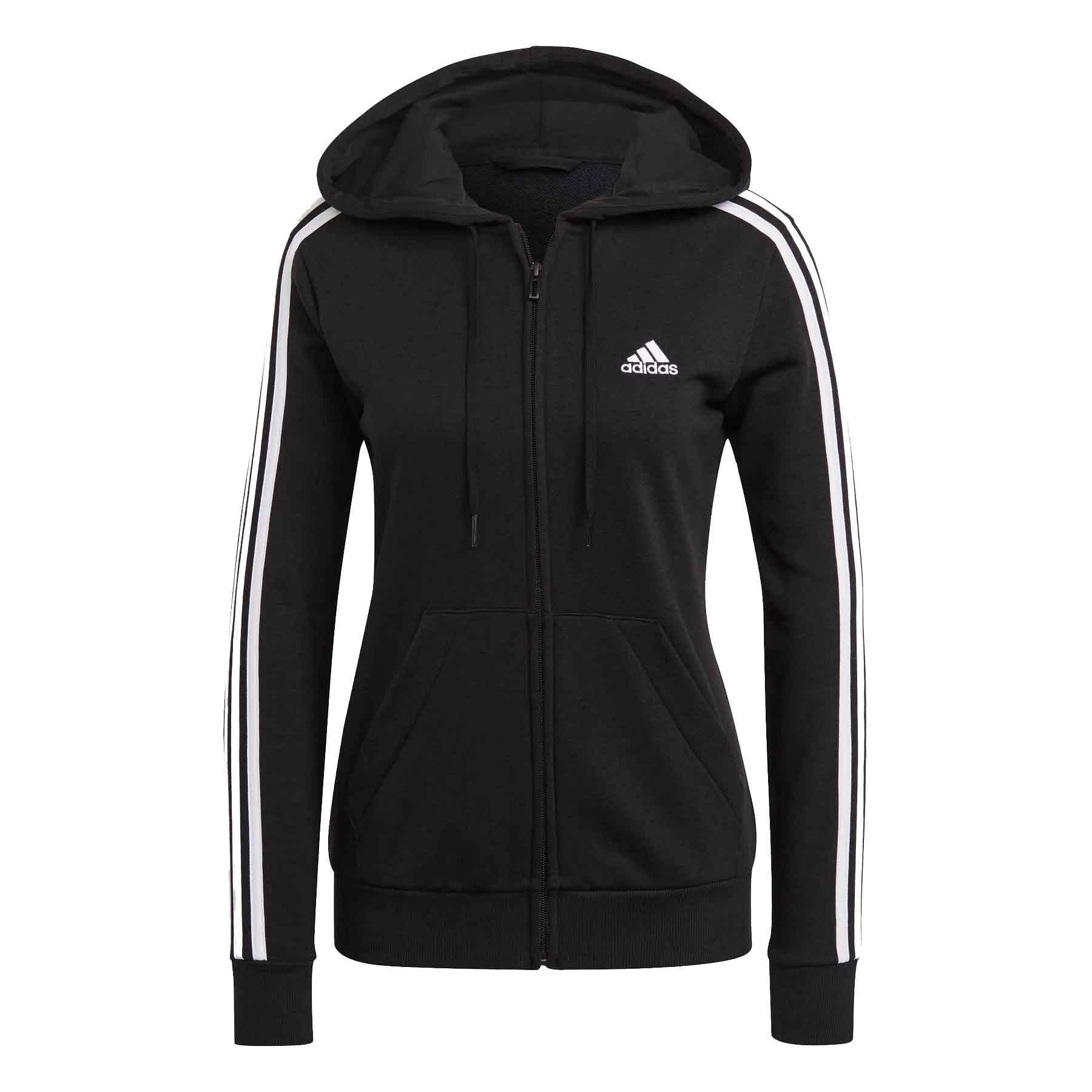 Adidas Women's French Terry Hoodie, black with white stripes on the sleeves, features a zipper front, hood, and front pockets. Includes the Adidas logo on the chest.