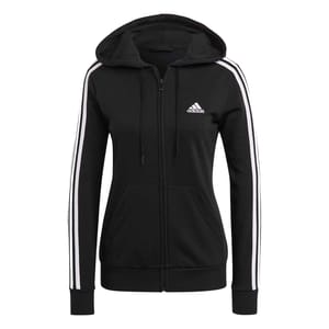 Adidas Women's French Terry Hoodie, black with white stripes on the sleeves, features a zipper front, hood, and front pockets. Includes the Adidas logo on the chest.