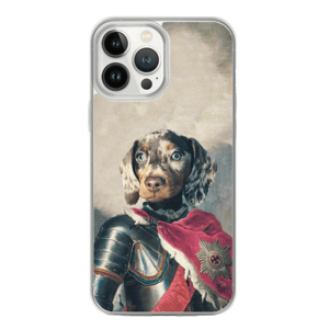 Custom phone case featuring a dog dressed in historical royal armor, with a vintage portrait style.