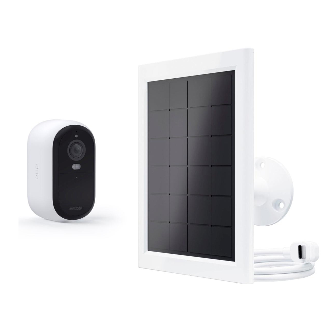 2-pack Arlo cameras with solar panels, featuring a white and black design. The solar panel has a black grid framed in white and includes a cable for connection, allowing for sustainable power use.