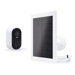 2-pack Arlo cameras with solar panels, featuring a white and black design. The solar panel has a black grid framed in white and includes a cable for connection, allowing for sustainable power use.