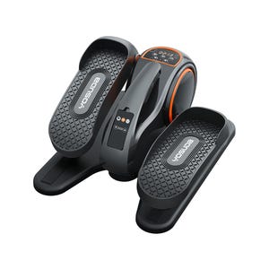 A compact under-desk elliptical machine with two textured foot pedals for low-impact exercise, featuring an LCD display for tracking time and activity. The design is sleek with black and orange accents.