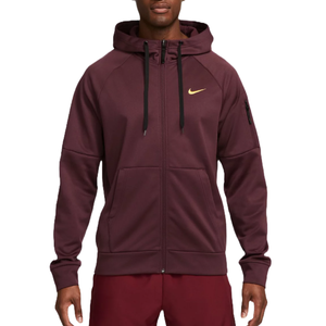 Nike Therma-FIT Hoodie in maroon features a full zip, front pockets, drawstring hood, and a small zip pocket on the left sleeve. A gold Nike swoosh is displayed on the chest.