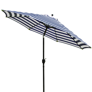 A striped patio umbrella with a blue and white pattern, featuring a black pole and a manual crank for adjusting the angle.