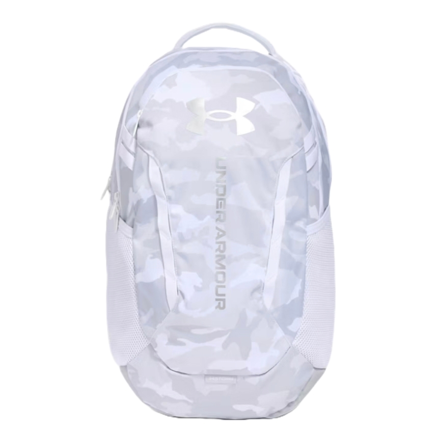 A gray camouflage Under Armour backpack with a large logo, featuring side mesh pockets and front zippers.