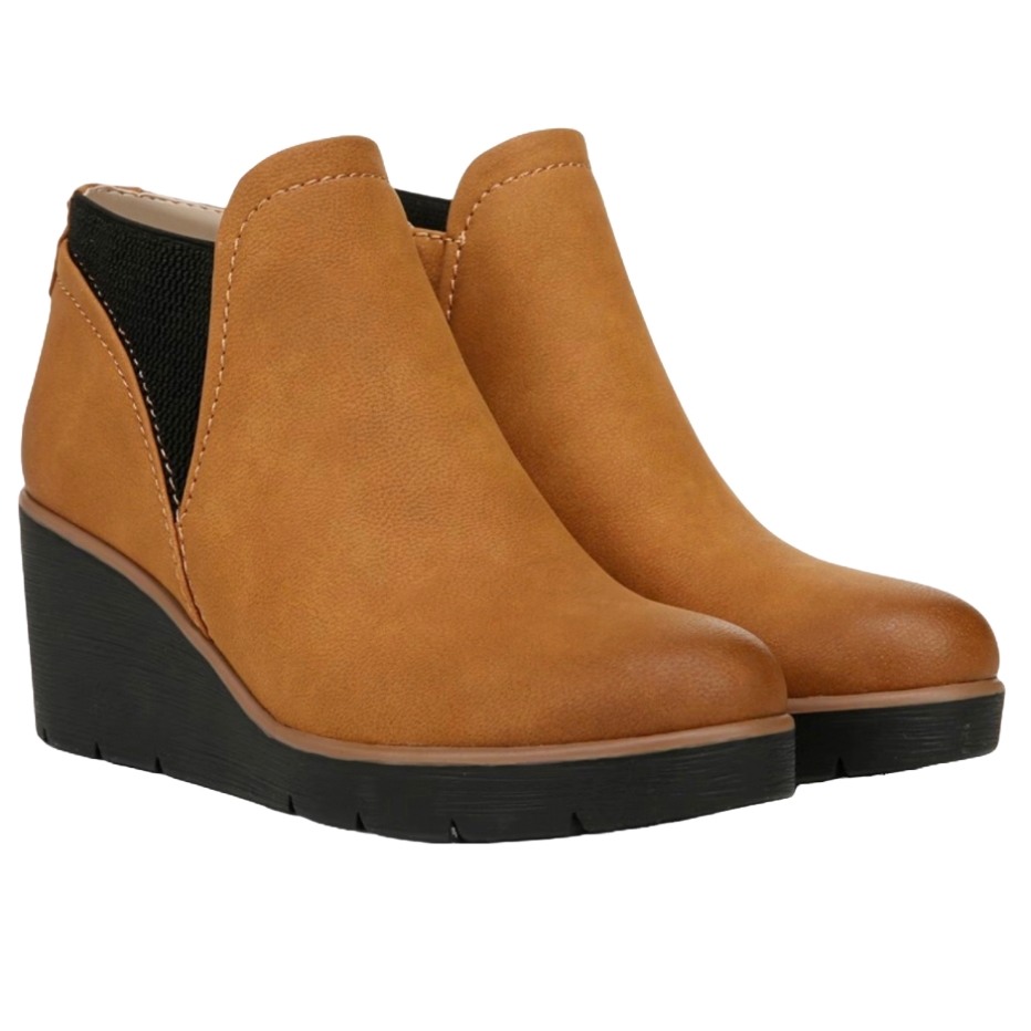 Tan wedge ankle boots with black elastic side panels and a textured sole.