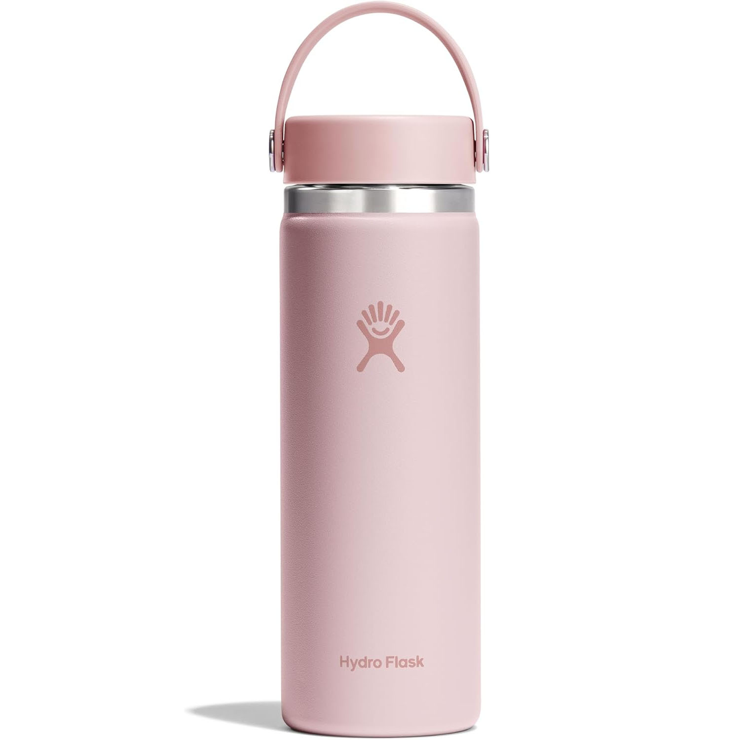 A pink Hydro Flask water bottle with a carrying handle, featuring the Hydro Flask logo on the front.