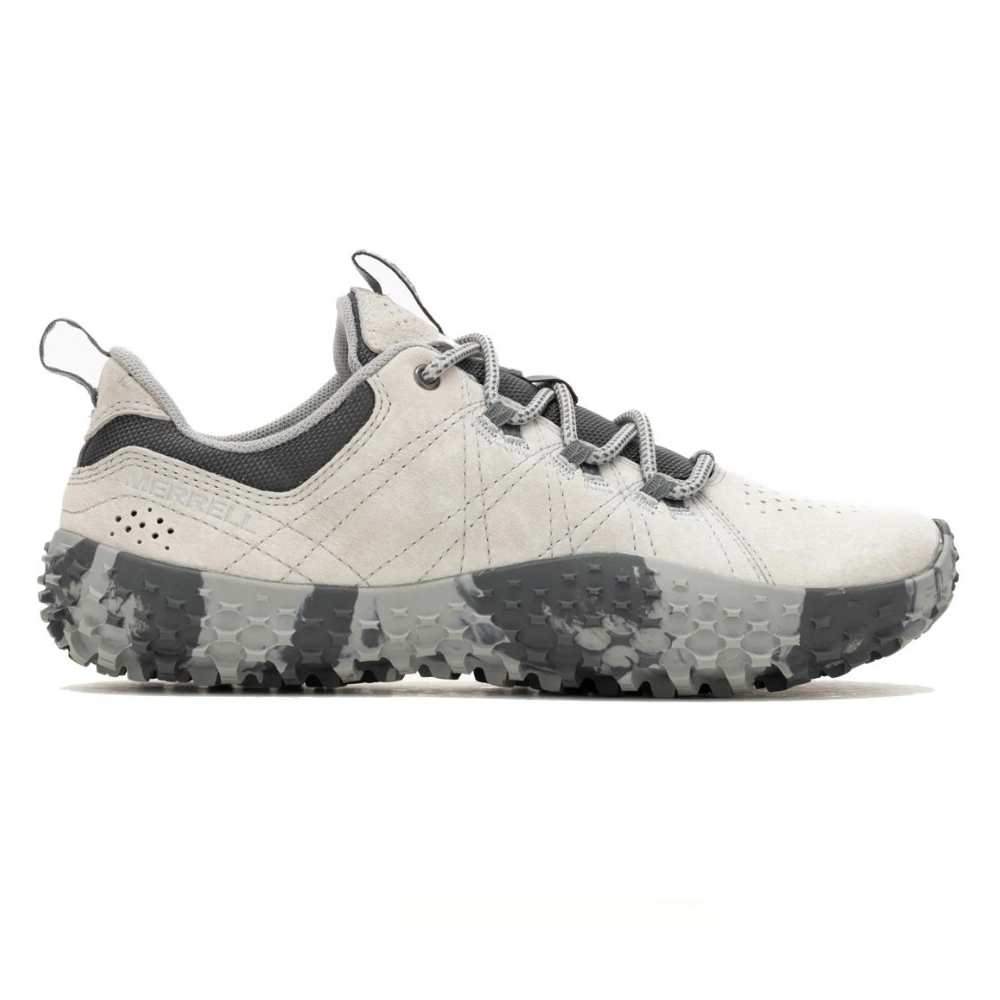 A light gray and black trail shoe with a rugged, textured sole and lace-up design, featuring durable materials and perforated detailing on the side.