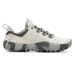 A light gray and black trail shoe with a rugged, textured sole and lace-up design, featuring durable materials and perforated detailing on the side.