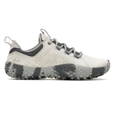 A light gray and black trail shoe with a rugged, textured sole and lace-up design, featuring durable materials and perforated detailing on the side.