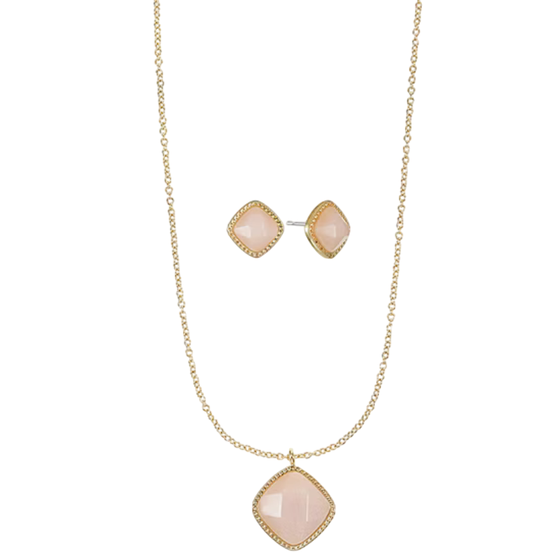 Gold necklace and earring set featuring square-shaped pink stones with diamond-like borders.