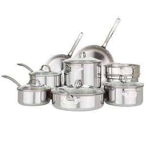 A stainless steel cookware set including various pots, pans, and lids, featuring ergonomic handles and a shiny finish.