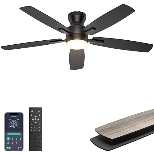 A black ceiling fan with four blades, featuring an integrated light, a remote control, smartphone control capability, and reversible blades with a wood finish on one side.