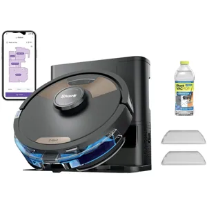 Shark 2-in-1 robot vacuum and mop with docking station, shown with a smartphone app for mapping, accompanied by Shark VACMOP cleaning solution and two mop pads.