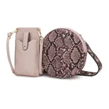 A set of two bags: one is a small, rectangular crossbody bag with a pocket and button closure, and the other is a round bag with a pink and black snakeskin pattern.