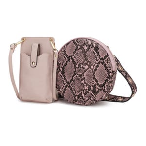 A set of two bags: one is a small, rectangular crossbody bag with a pocket and button closure, and the other is a round bag with a pink and black snakeskin pattern.
