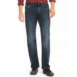 Blue straight-leg jeans with a faded wash, paired with a red plaid shirt and black shoes.