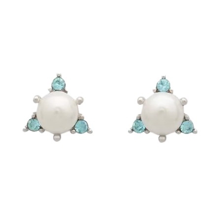 A pair of stud earrings featuring a central pearl surrounded by small turquoise gemstones, arranged in a triangular formation.