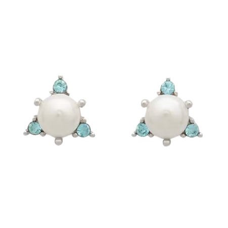 A pair of stud earrings featuring a central pearl surrounded by small turquoise gemstones, arranged in a triangular formation.