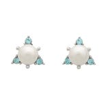 A pair of stud earrings featuring a central pearl surrounded by small turquoise gemstones, arranged in a triangular formation.