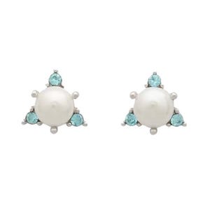 A pair of stud earrings featuring a central pearl surrounded by small turquoise gemstones, arranged in a triangular formation.