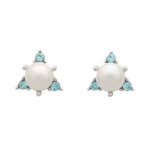 A pair of stud earrings featuring a central pearl surrounded by small turquoise gemstones, arranged in a triangular formation.