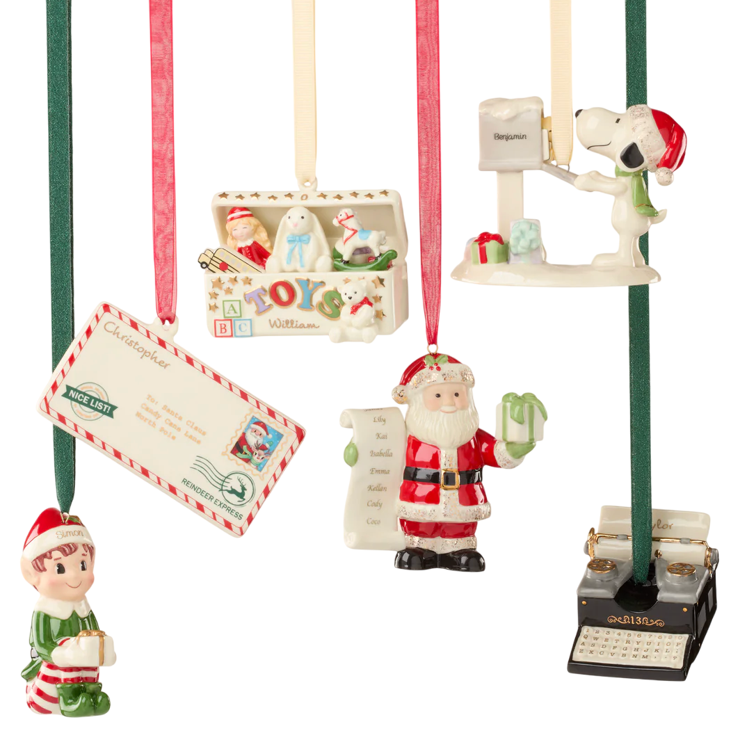 Five Christmas ornaments: a letter to Santa, a typewriter, Santa with a list, a toy box, and a dog by a mailbox. Each is personalized with names or themes related to the holiday season.