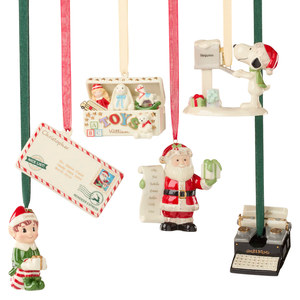 Five Christmas ornaments: a letter to Santa, a typewriter, Santa with a list, a toy box, and a dog by a mailbox. Each is personalized with names or themes related to the holiday season.