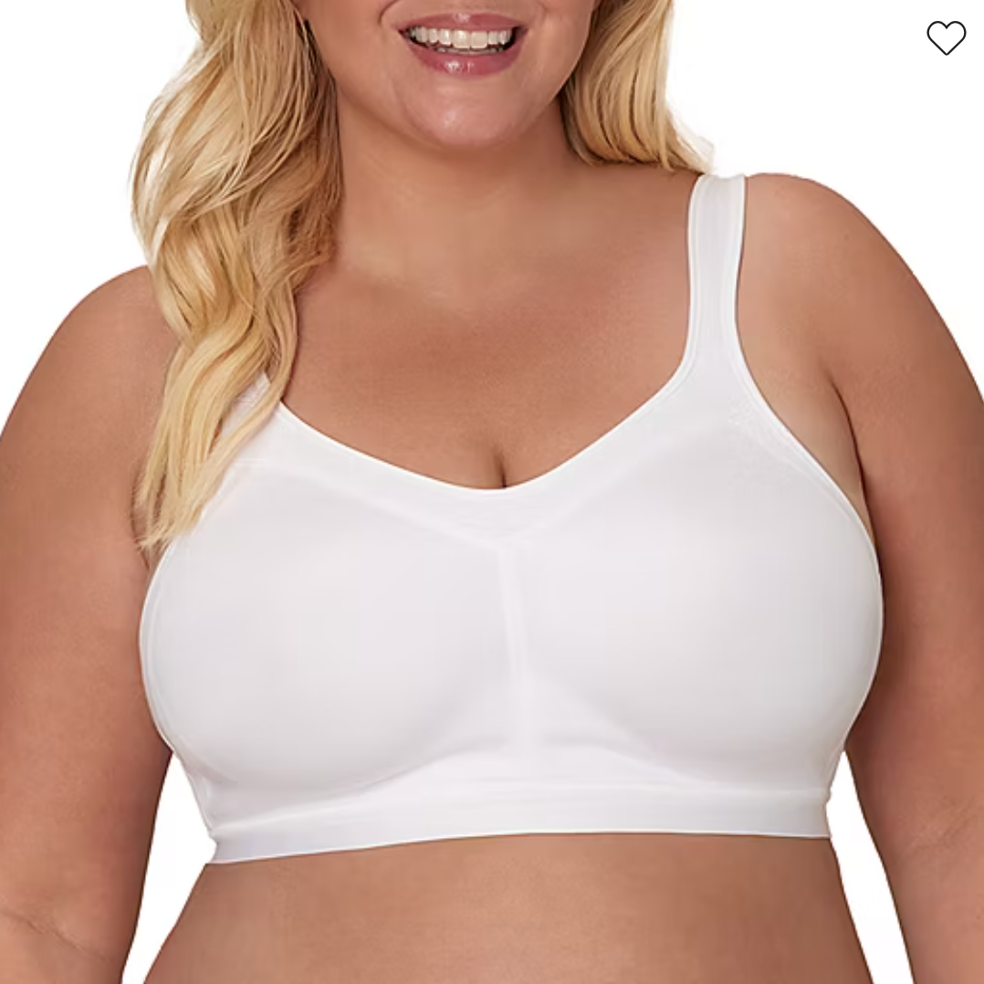 The Playtex 18-Hour Full-Coverage Bra is a wireless, white bra designed for comfort and support, featuring wide straps and a smooth, seamless look.